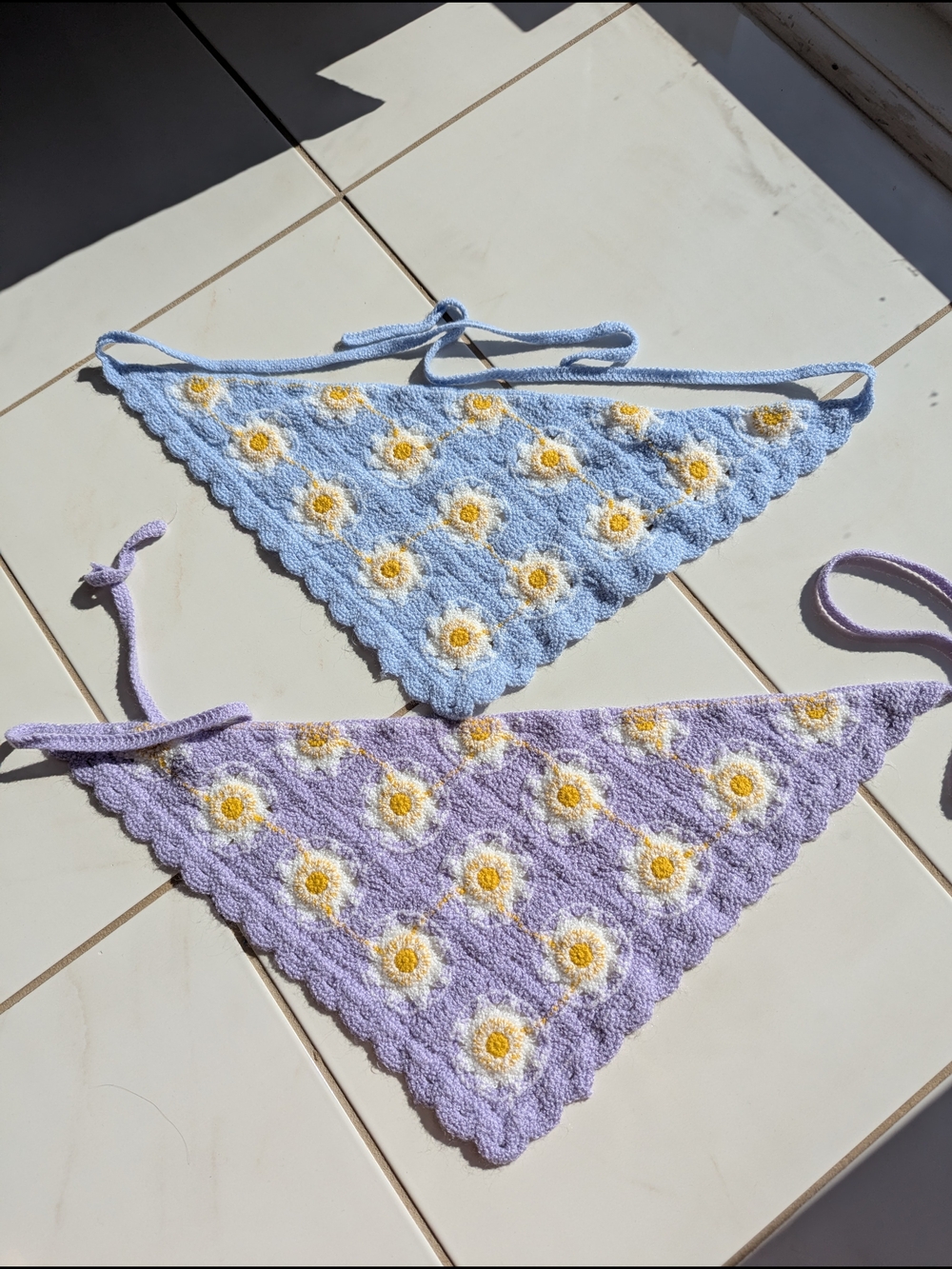 Handmade Women's/Girls  Daisy Crochet Bandana Bib - Blue & Lavender